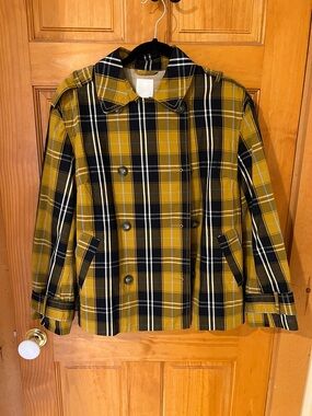 H&M Mustard and Navy Blue Plaid Double Breasted Cropped Trench Coat